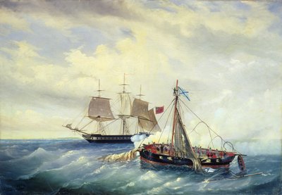 Slag tussen het Russische schip Opyt en een Britse fregat, voor de kust van Nargen Island, 11 juni 1808, 1889 door Leonid Demyanovich Blinov